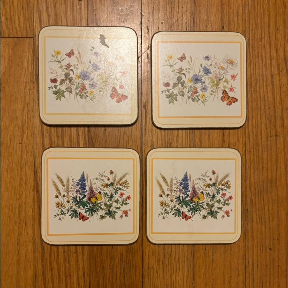 Set of Four Pimpernel Field Flowers Hard Board Cork Back Coasters Size 4 1/8”